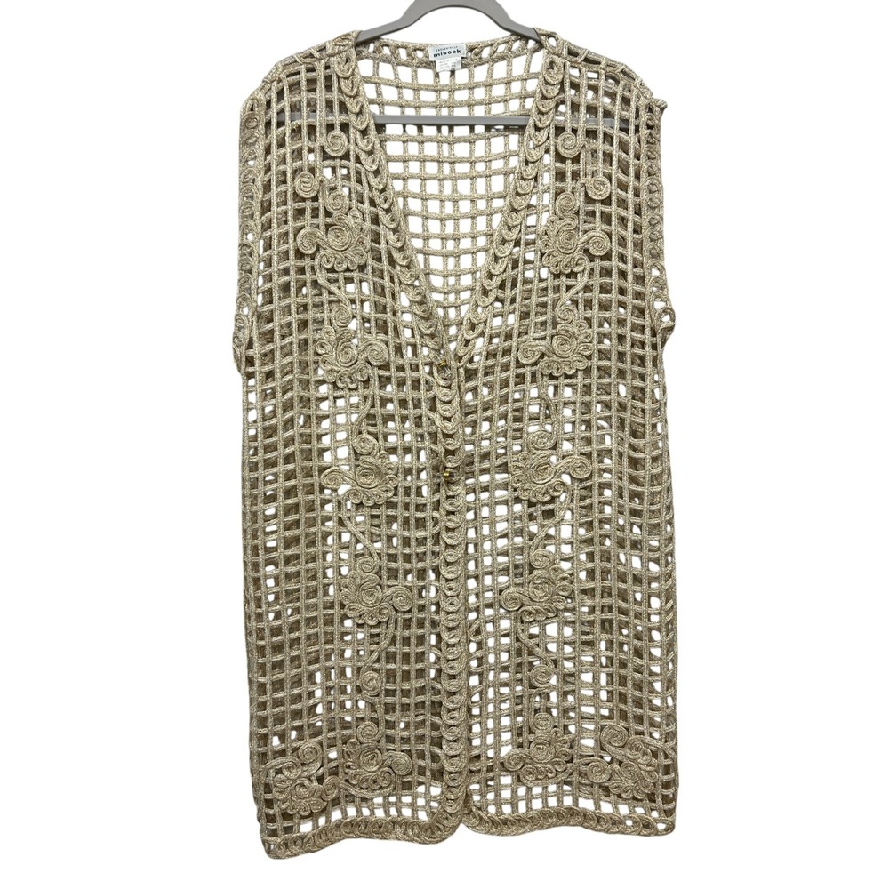 Misook Vtg Gold Metallic‎ Crochet Soutache Floral Longline Vest Size OS Boho